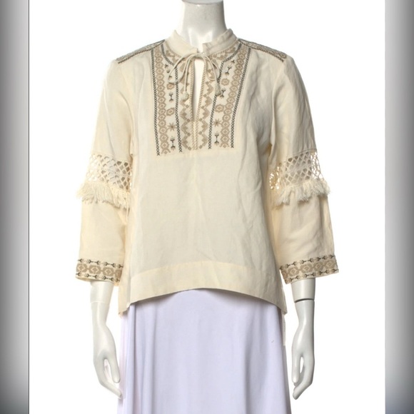 Sea New York Silk Linen Boho Peasant Graphic Print Blouse $298 Size 4 - Picture 1 of 5